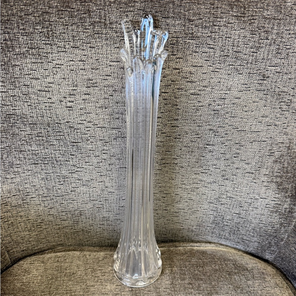 Vintage Ribbed Clear Glass Swung Vase with Star Pattern Base Appx. 13” Tall.
